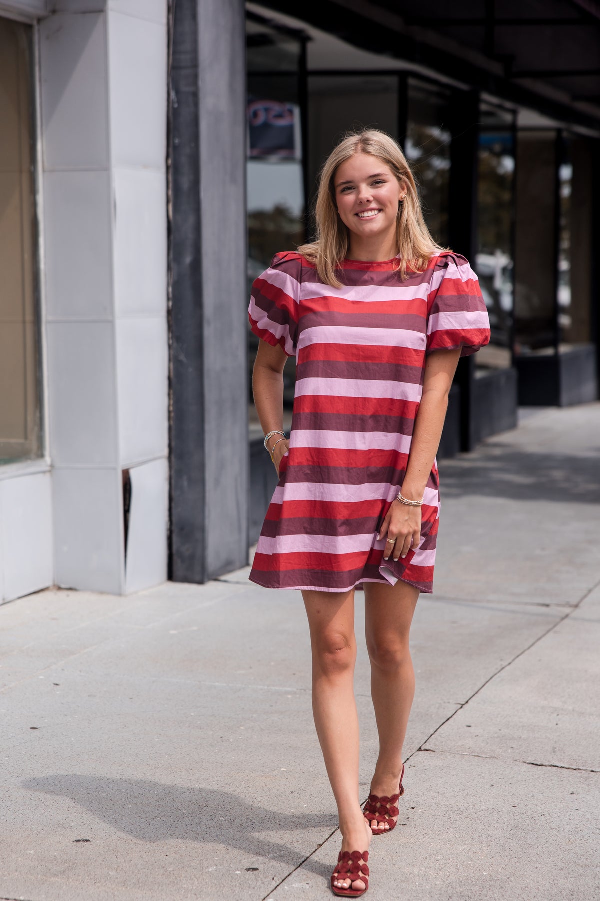 Stripe Short Puff Sleeve Mini Dress - Berry Combo