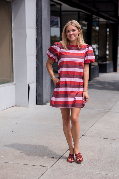 Stripe Short Puff Sleeve Mini Dress - Berry Combo