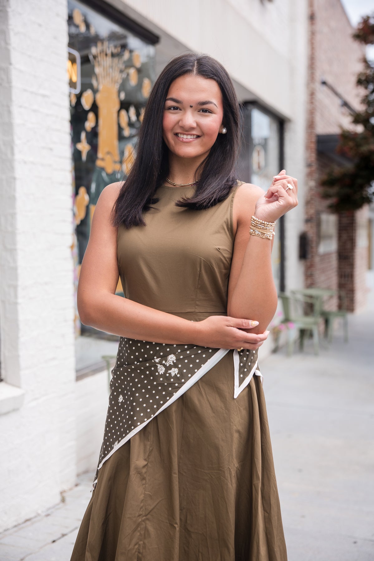 Midi Dress with Scarf Overlay - Olive