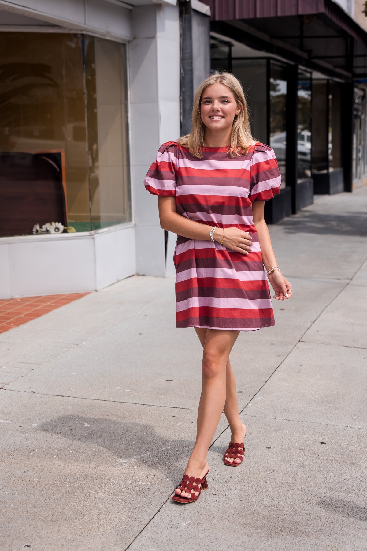 Stripe Short Puff Sleeve Mini Dress - Berry Combo