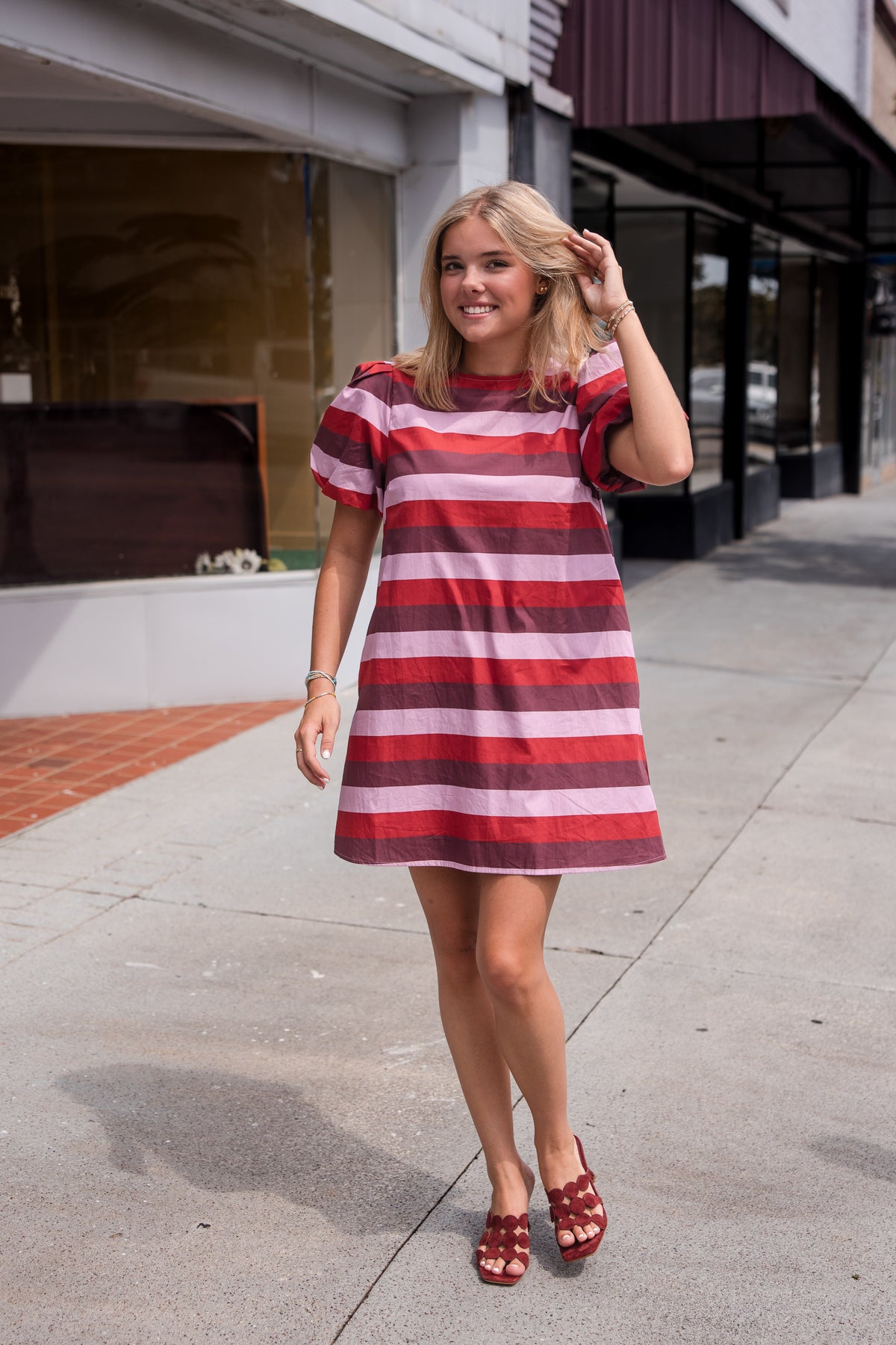 Stripe Short Puff Sleeve Mini Dress - Berry Combo