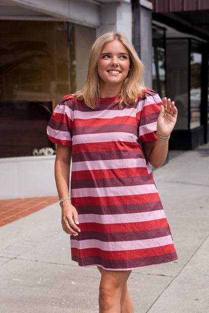 Stripe Short Puff Sleeve Mini Dress - Berry Combo