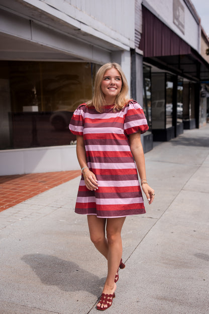 Stripe Short Puff Sleeve Mini Dress - Berry Combo