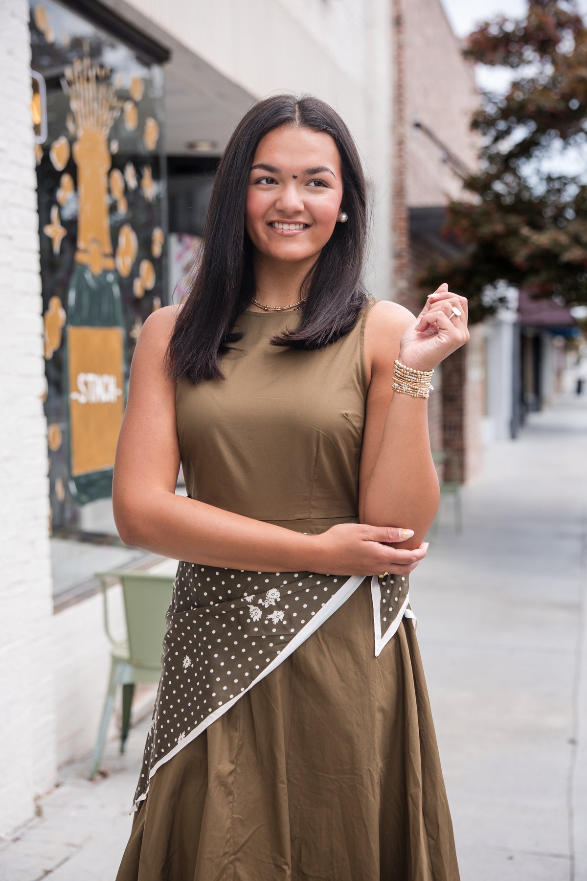 Midi Dress with Scarf Overlay - Olive