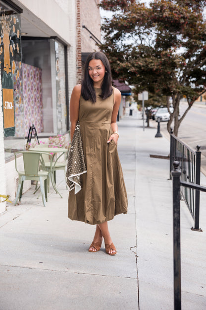 Midi Dress with Scarf Overlay - Olive