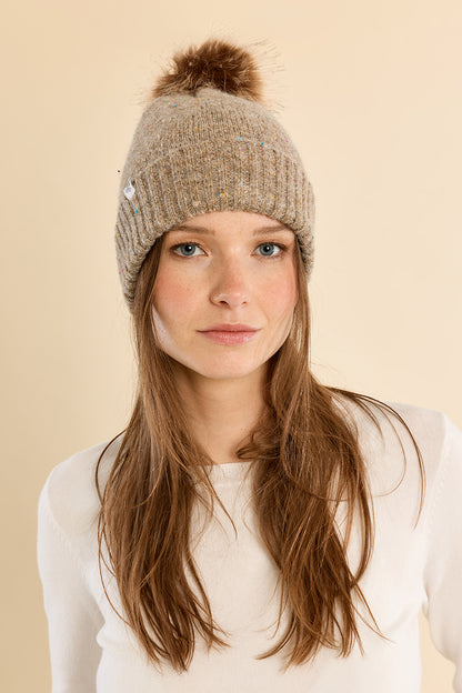 Sequined Knit Hat with Pompom - Beige