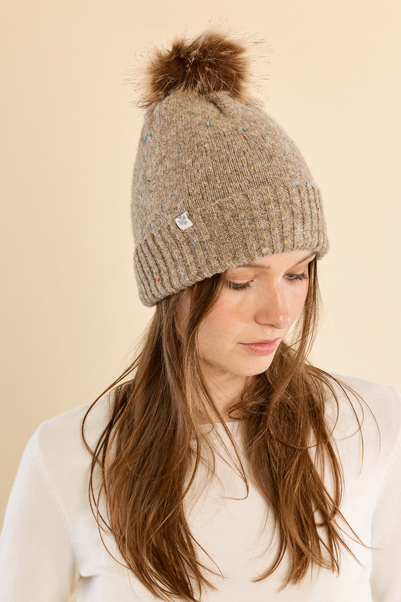 Sequined Knit Hat with Pompom - Beige