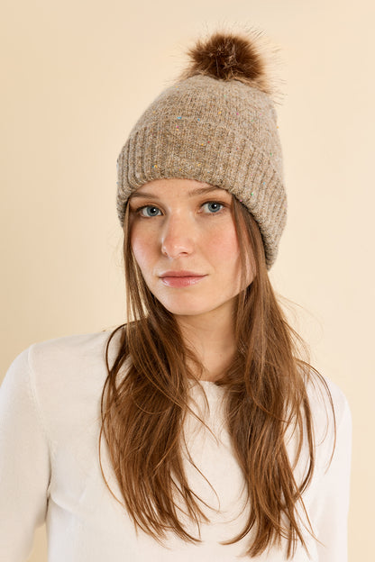 Sequined Knit Hat with Pompom - Beige