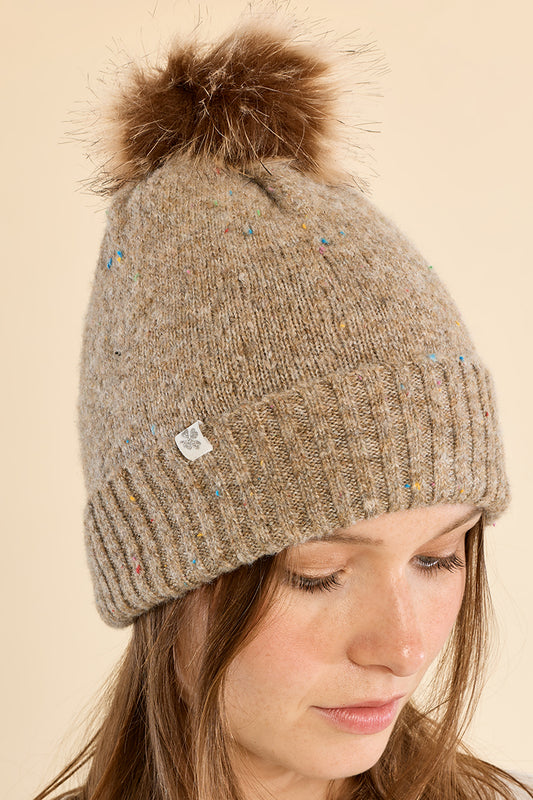 Sequined Knit Hat with Pompom - Beige