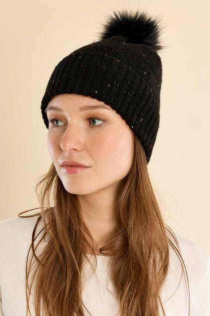 Sequined Knit Hat with Pompom - Black