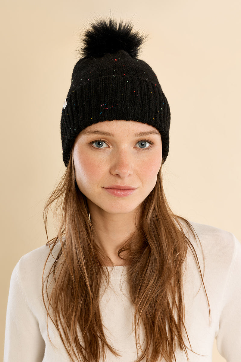 Sequined Knit Hat with Pompom - Black