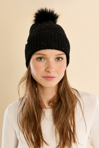 Sequined Knit Hat with Pompom - Black