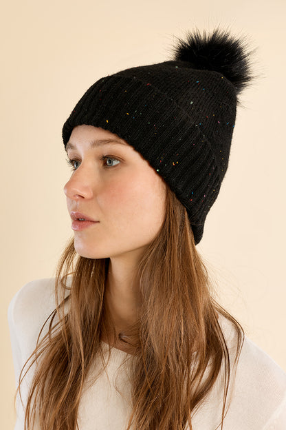 Sequined Knit Hat with Pompom - Black