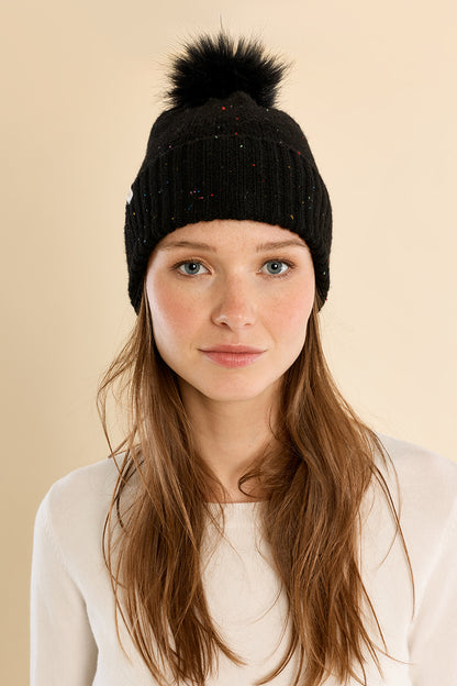 Sequined Knit Hat with Pompom - Black