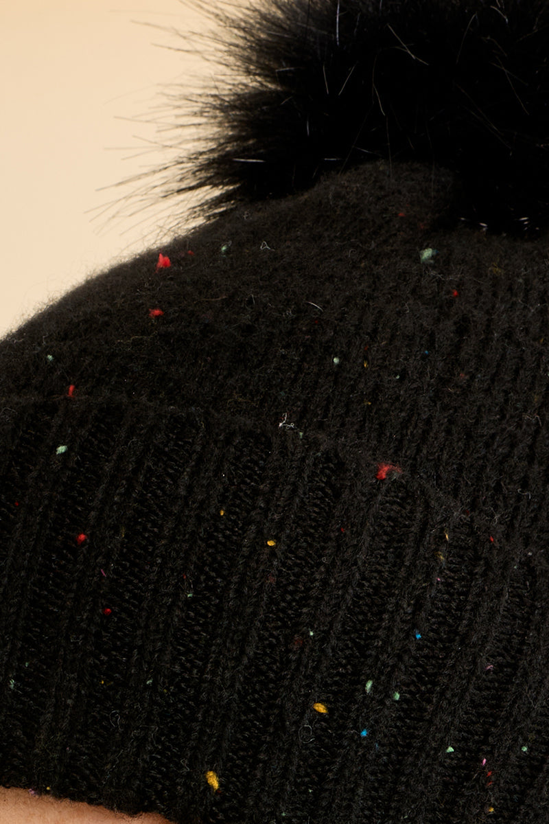 Sequined Knit Hat with Pompom - Black