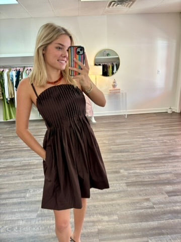 Pleated Bodice Sleeveless Mini Dress - Brown