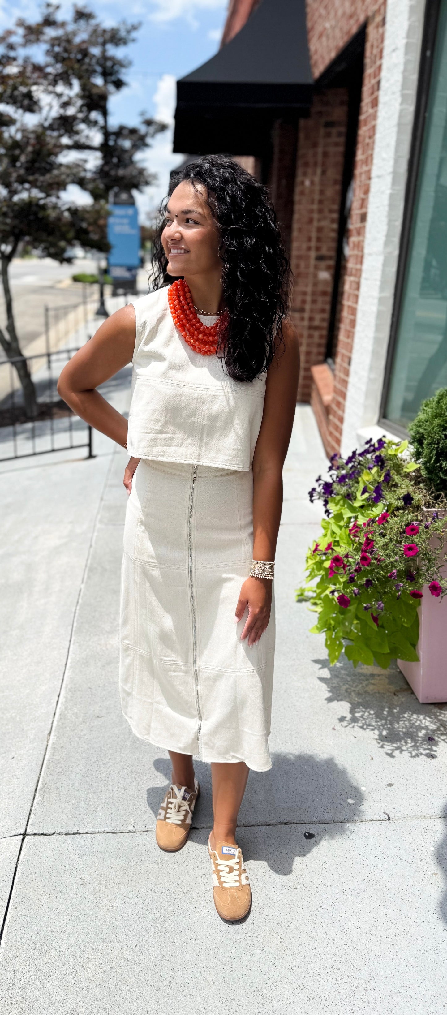 Front Zip Denim Midi Skirt - Oatmeal