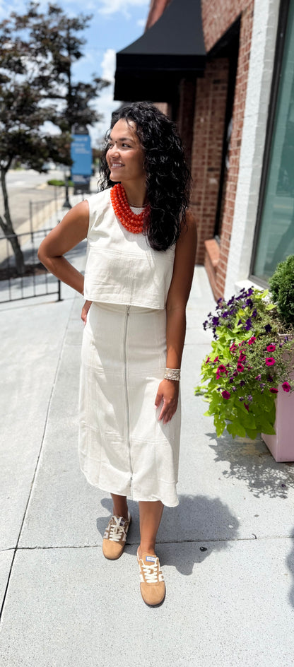 Front Zip Denim Midi Skirt - Oatmeal
