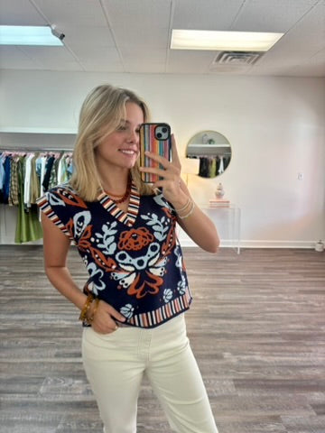 Flower Print with Stripe Detail Vest Top - Navy