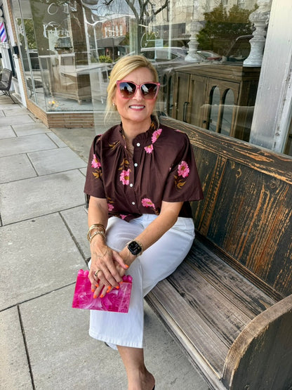 Flower Print Button Up Top - Brown