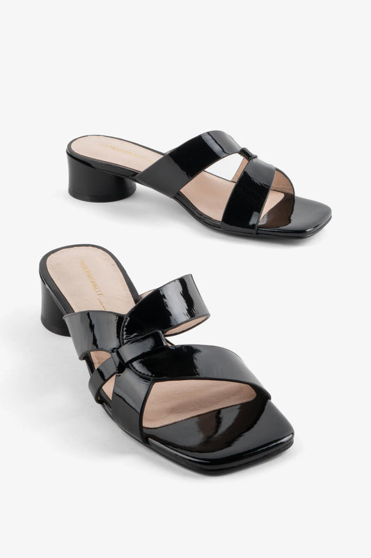 Beatrix Heeled Sandal - Black Crinkle Patent Leather