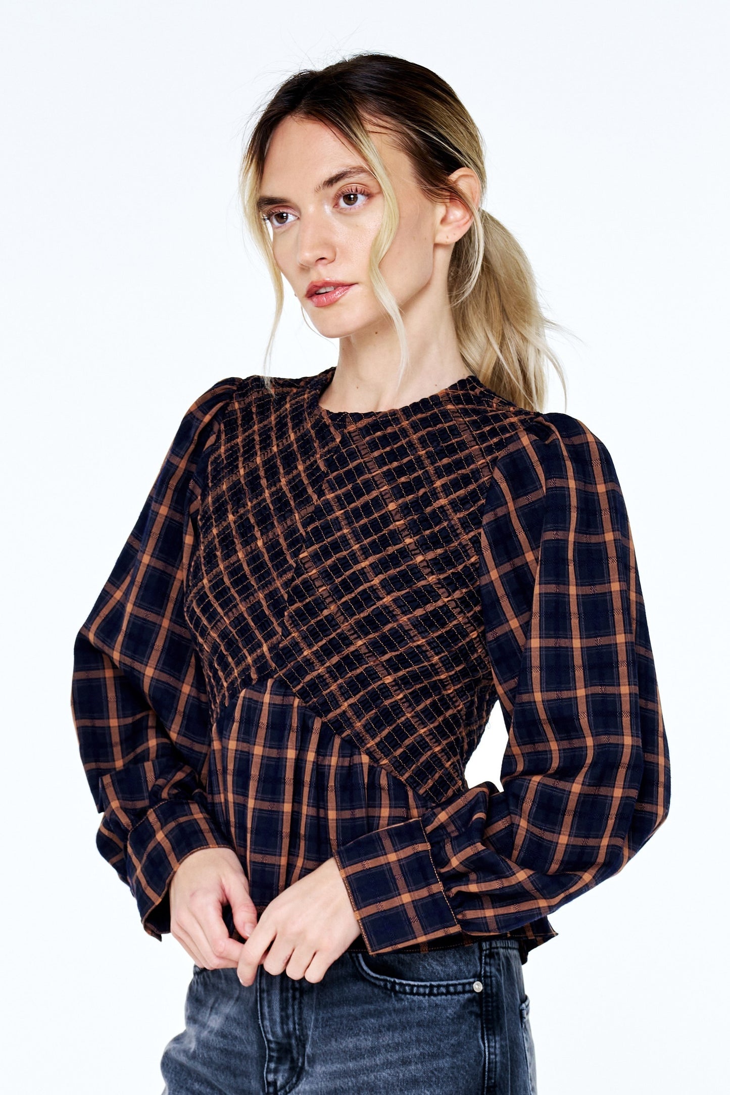 Larue Plaid Smocked Long Sleeve Top