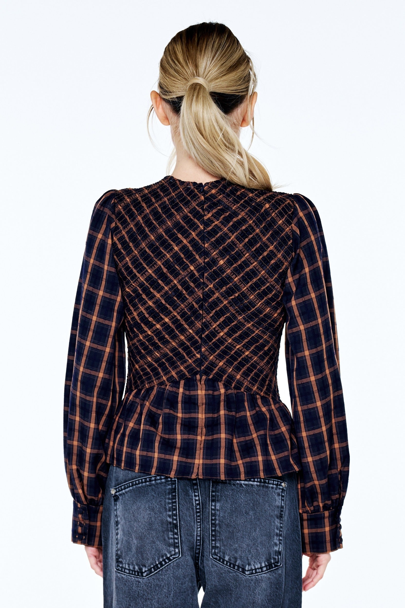 Larue Plaid Smocked Long Sleeve Top