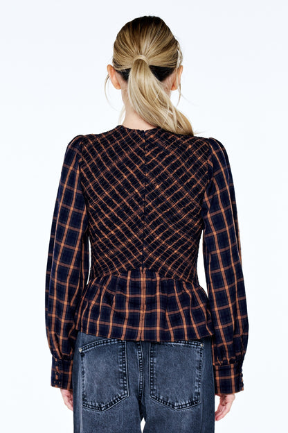 Larue Plaid Smocked Long Sleeve Top