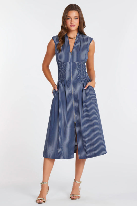 Skye Zip Front Dress - Indigo Stripe