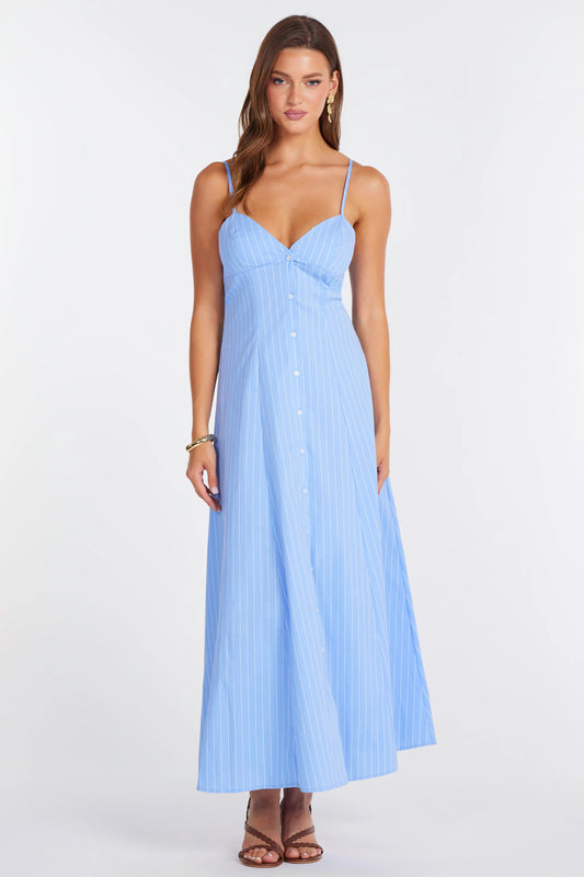 Adria Poplin Button Front Dress - Blue Stripe