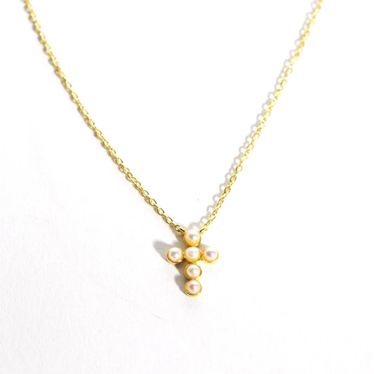 Allison Avery Baby Cross Necklace - Gold/Pearl