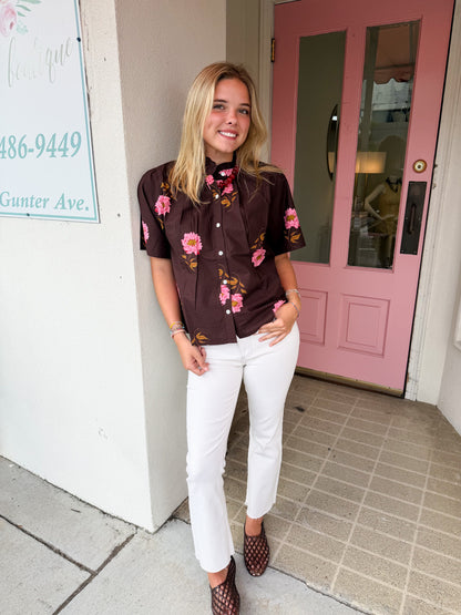 Flower Print Button Up Top - Brown