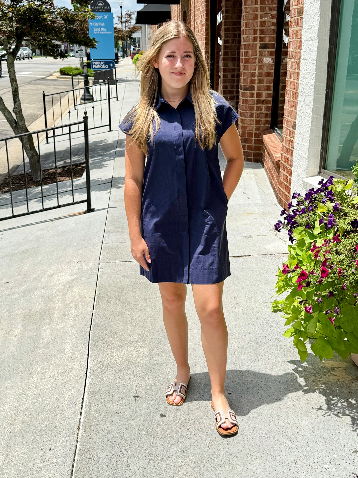 Button Down Collared Short Dress - Navy