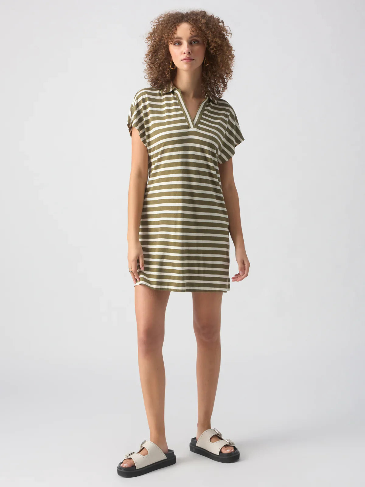 Johnny Collar T-shirt Dress - Light Ecru Olive Stripe