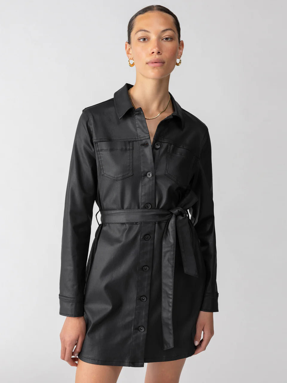 Coated Denim Dress - Black