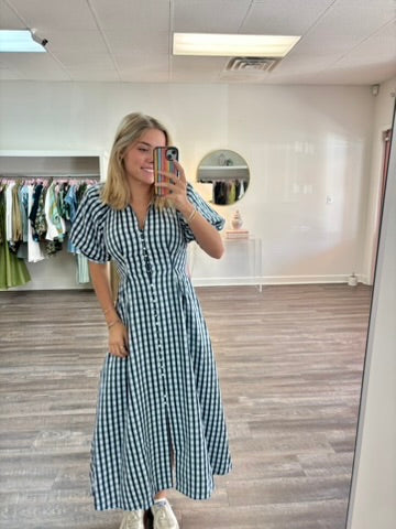 Gingham Puff Sleeve Midi Dress - Blue Multi