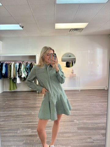Stripe Collar Flared Skirt Dress - Dark Olive