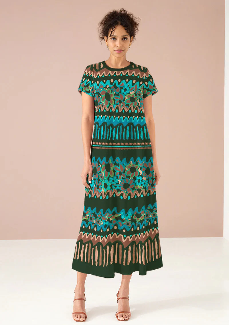 Charise T-Shirt Dress - Teal Flower Bomb