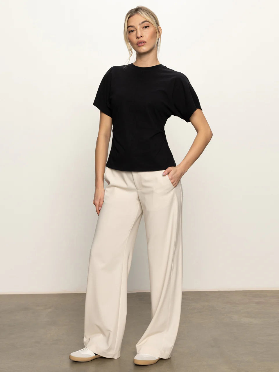 Shirred Waist Dolman Tee - Black