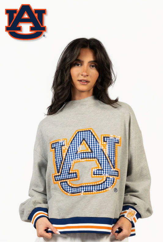 Queen of Sparkles Licensed Auburn Grey Gingham Mascot Mock Neck Sweatshirt