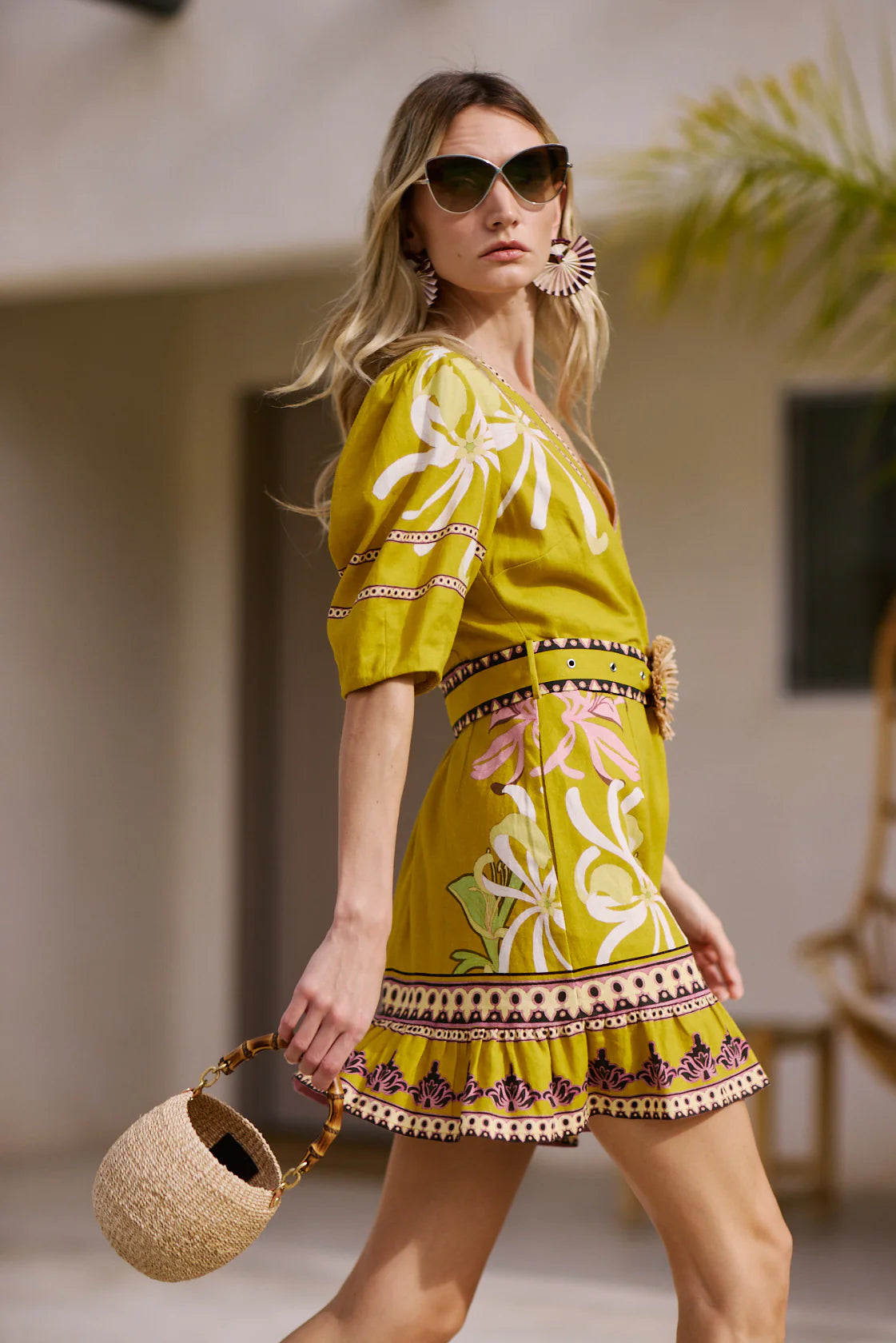 Ivy Floral Print Belted Mini Dress - Yellow Multi