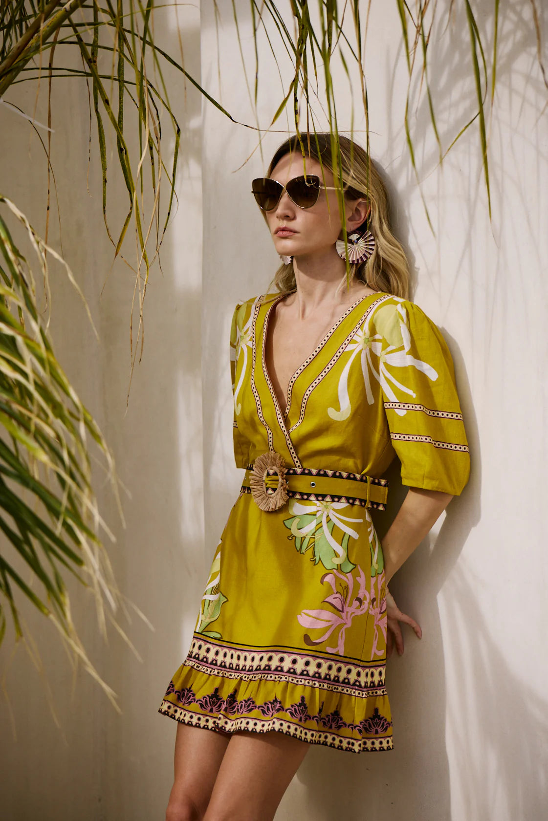 Ivy Floral Print Belted Mini Dress - Yellow Multi