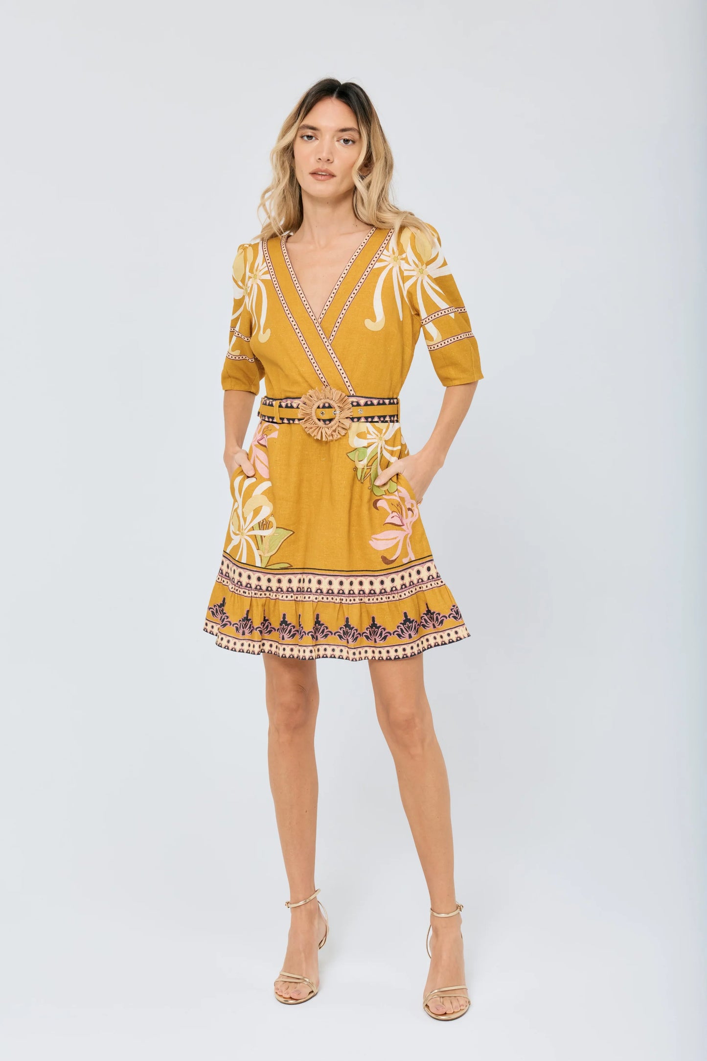 Ivy Floral Print Belted Mini Dress - Yellow Multi