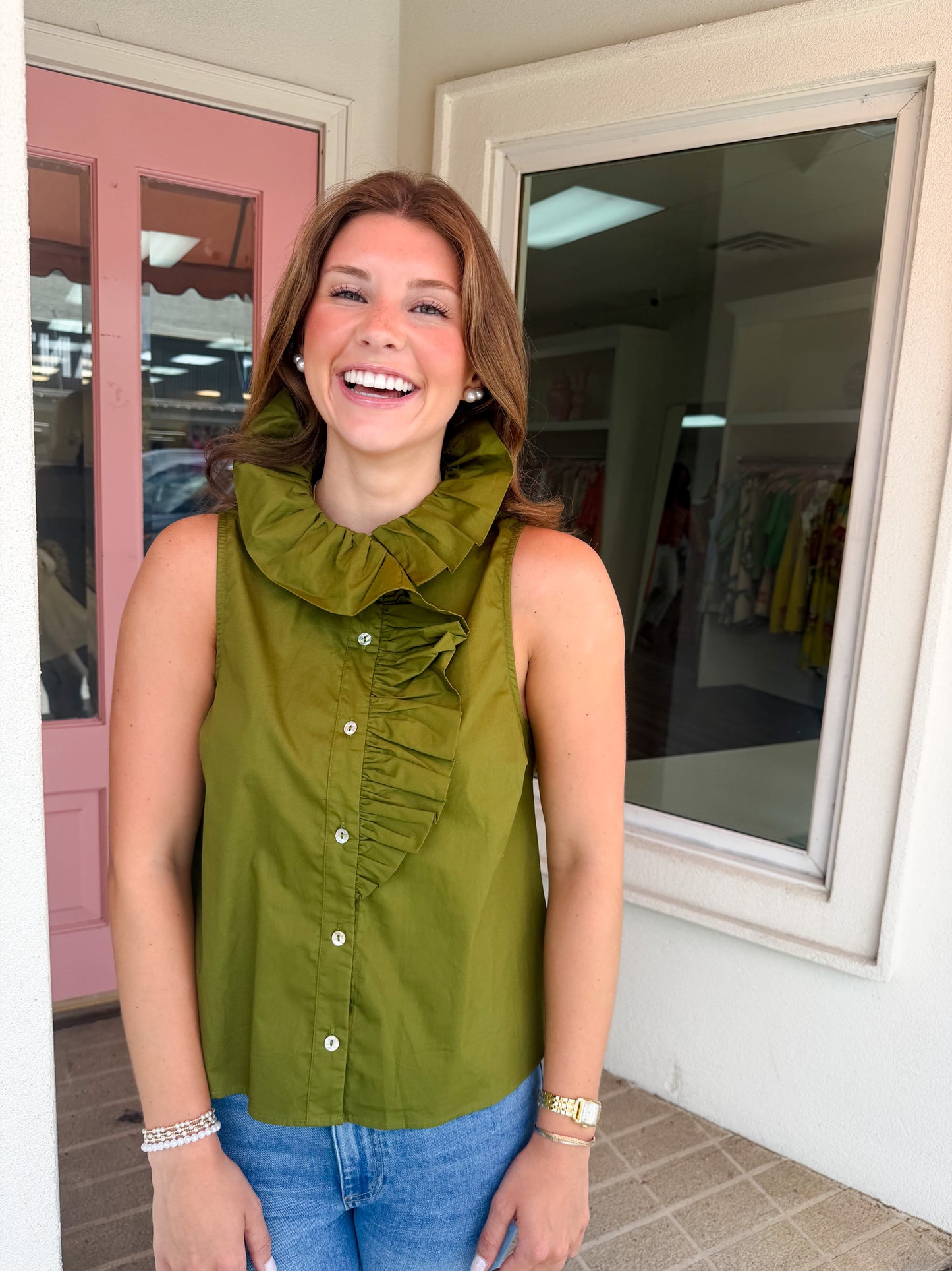 Sleeveless Ruffle Detail Top - Olive