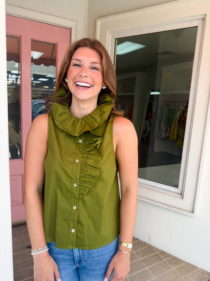 Sleeveless Ruffle Detail Top - Olive