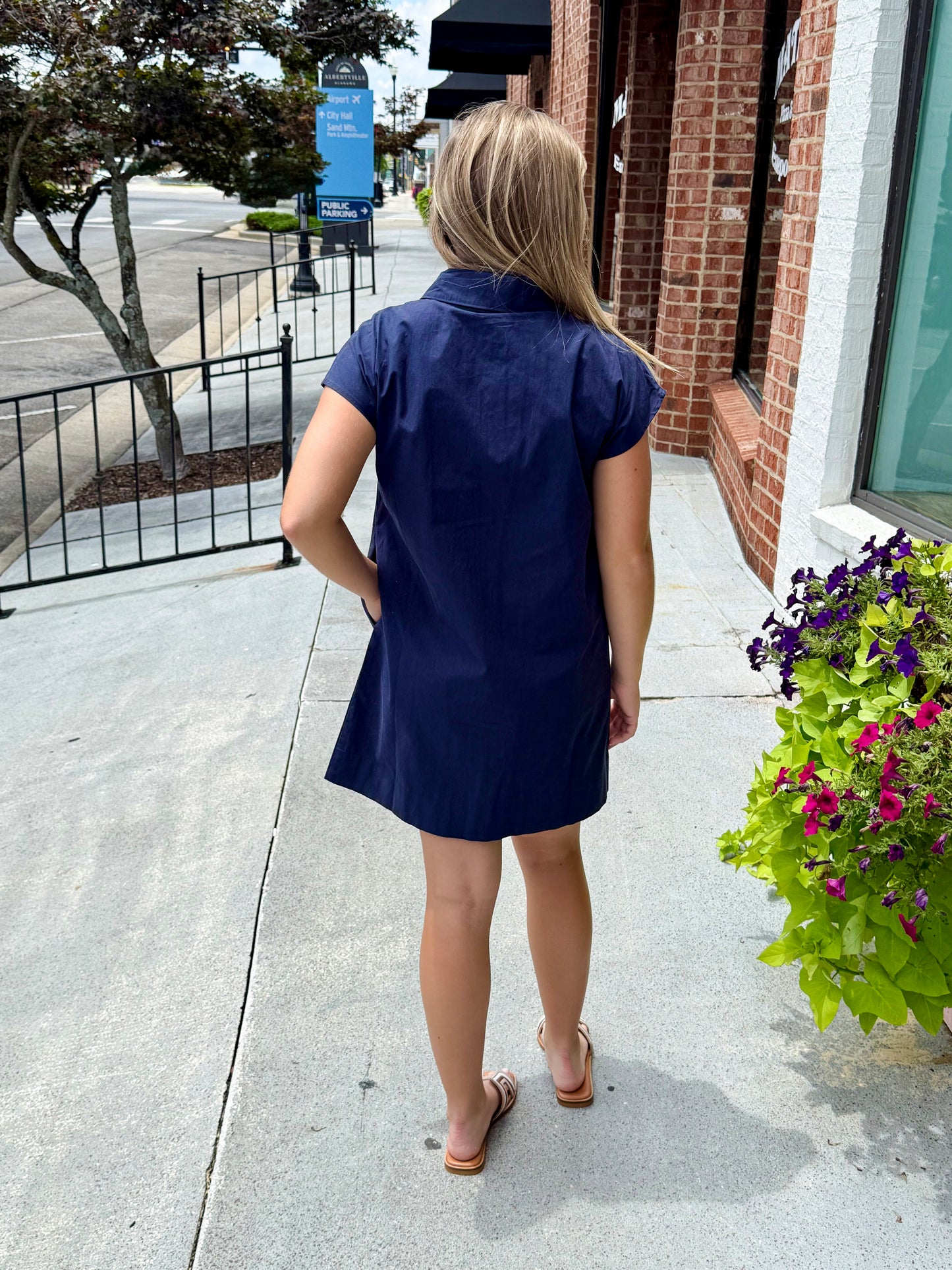 Button Down Collared Short Dress - Navy