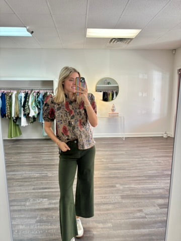 Floral Short Puff Sleeve Top - Camel