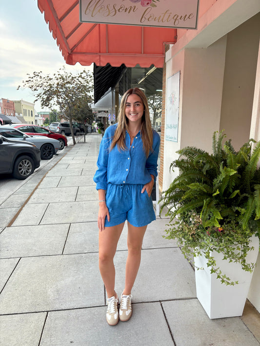 Linen Long Sleeve Hi-Lo Button Down Top - Blue Regatta