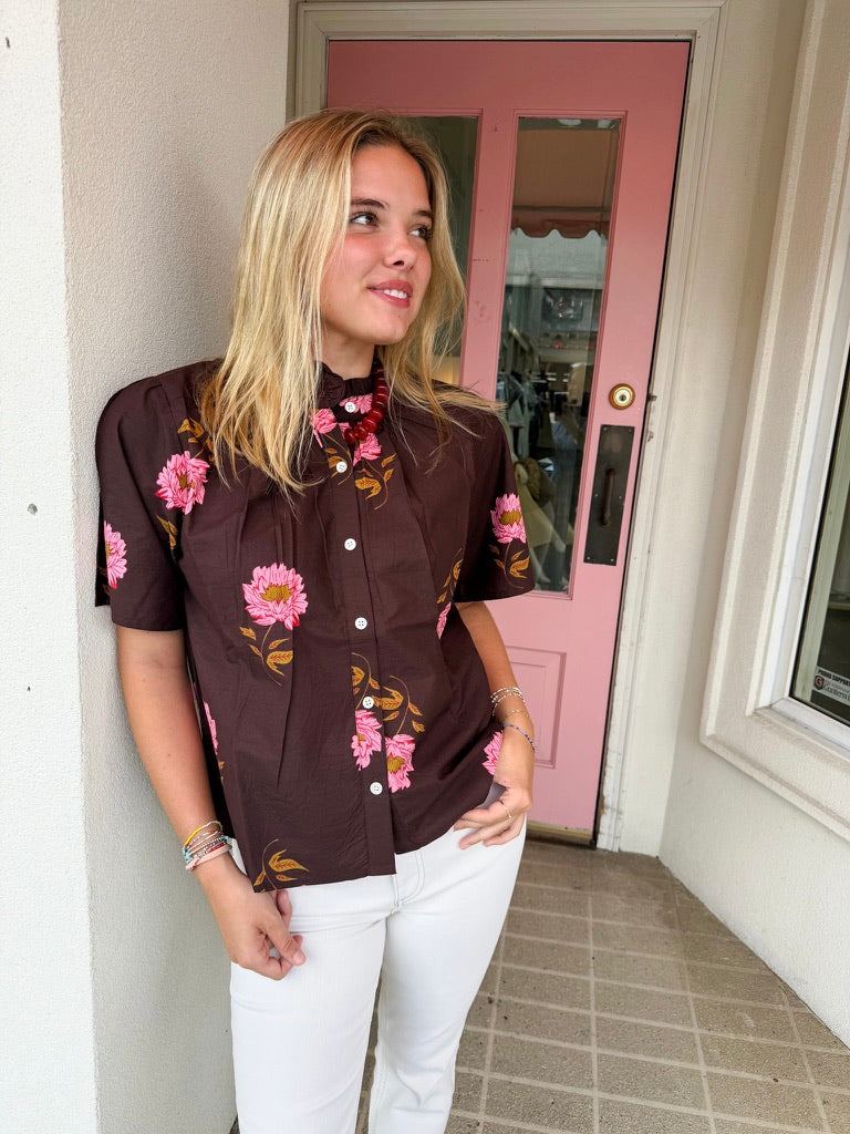 Flower Print Button Up Top - Brown