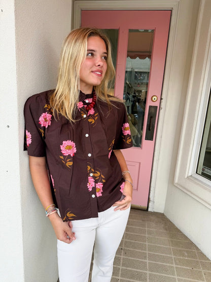 Flower Print Button Up Top - Brown